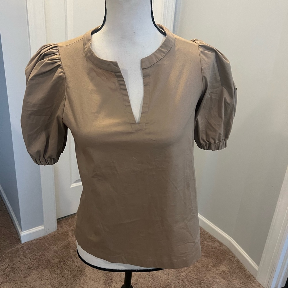 Banana Republic Tan Puff Sleeve Blouse with Mandarin Collar